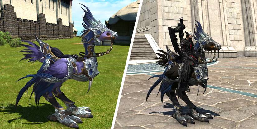 Two Chocobos from Final Fantasy 14 wearing Bluefeather Barding.