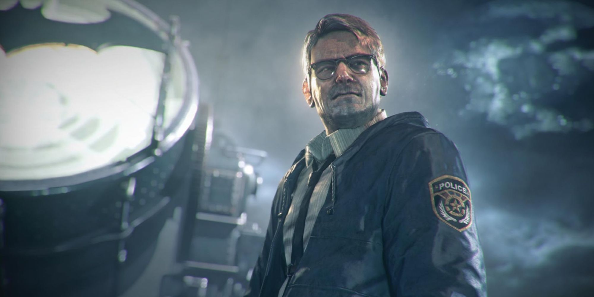 Jim Gordon beside the Bat Signal in Batman Arkham Knight