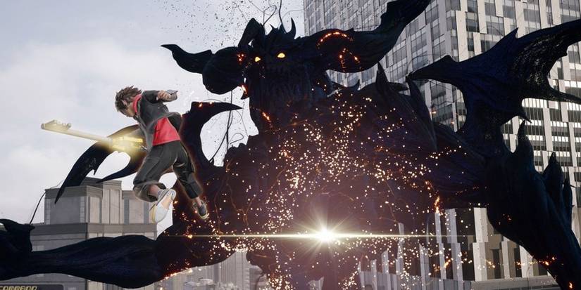 Sora uses his Keyblade to hit a gigantic Heartless, causing sparks to erupt from the creature's chest