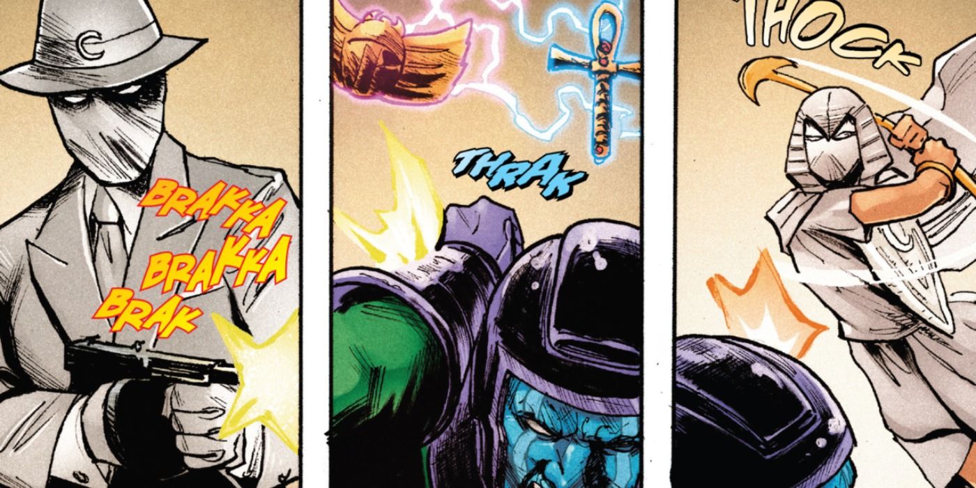 Kang The Conqueror fights Moon Knight variants in Marvel Comics.