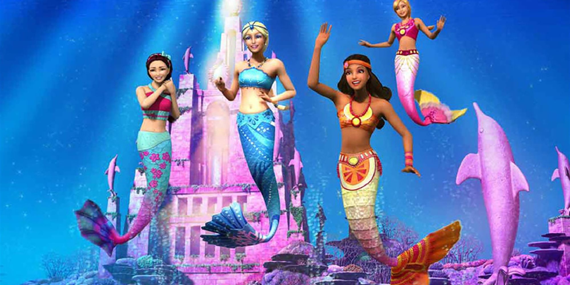 Mermaids in front of a castle in Barbie A Mermaid Tale 2