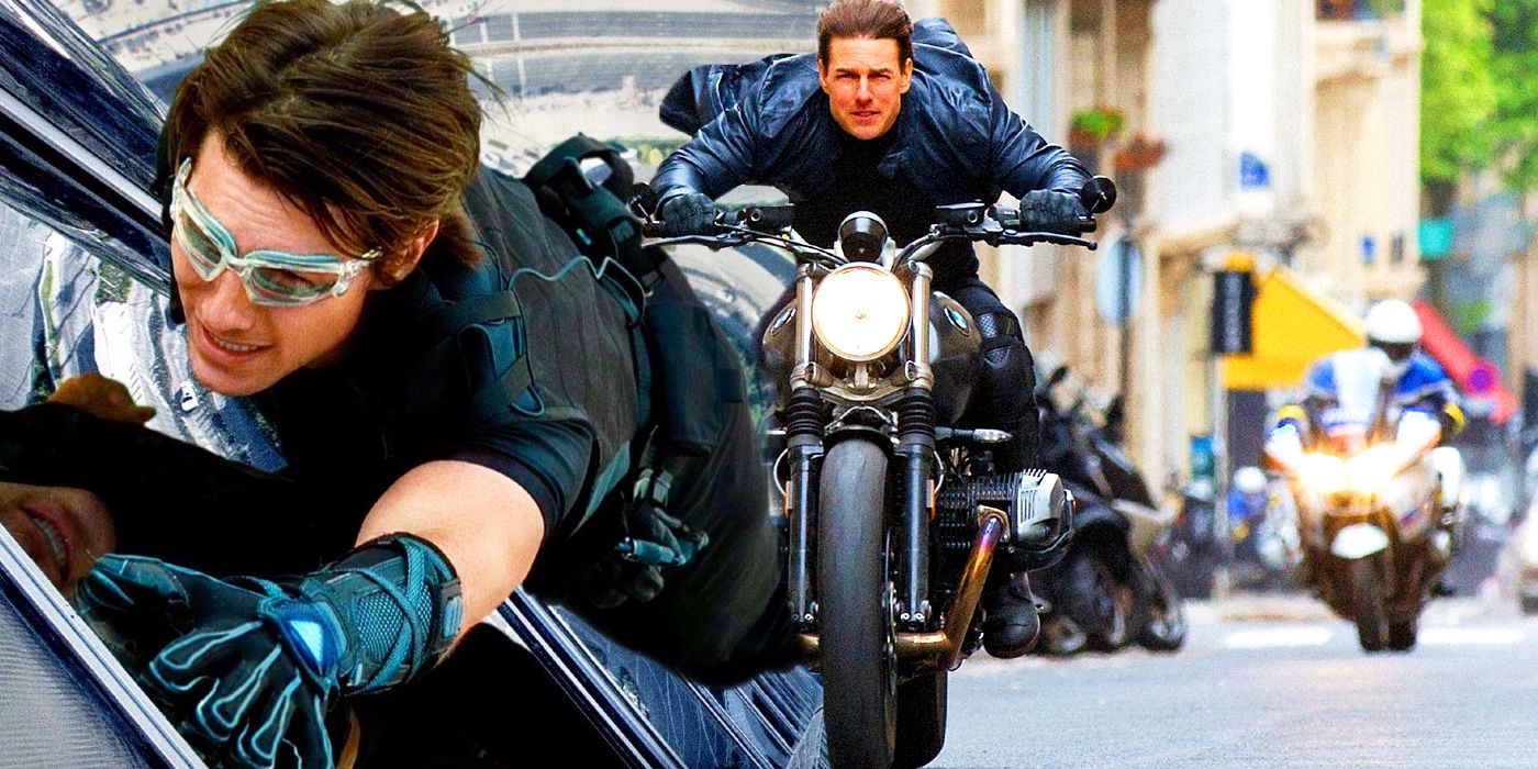 Tom Cruise scaling a building and ridiing a motorcycle