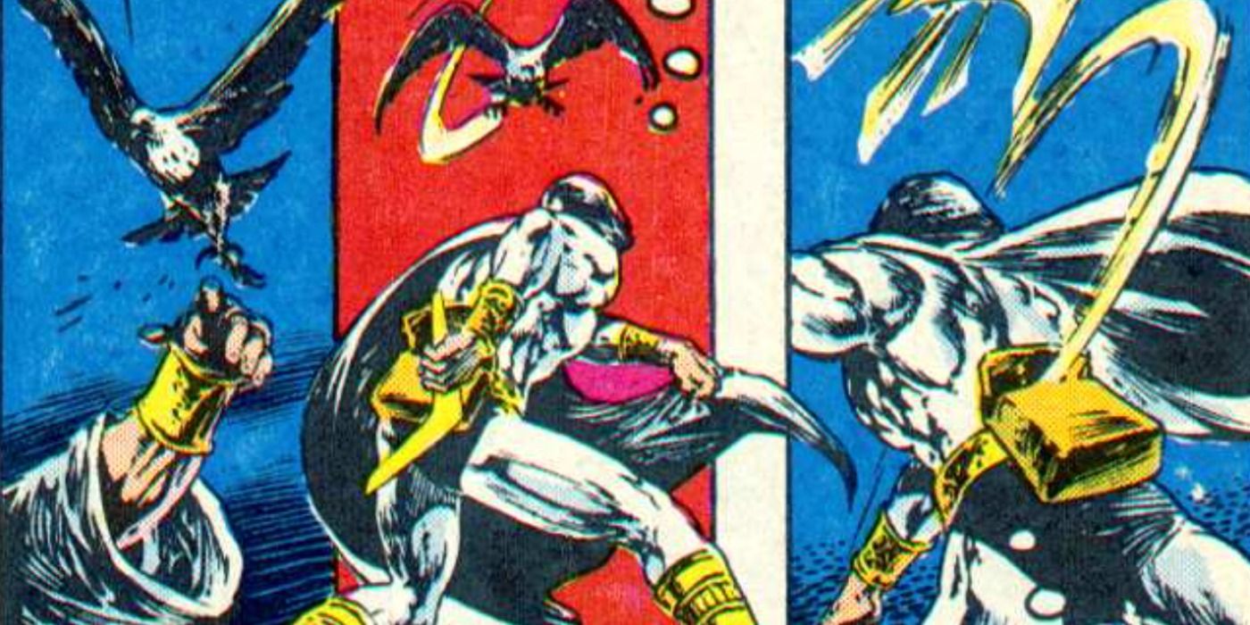 Moon Knight throws his boomerang in Marvel Comics.