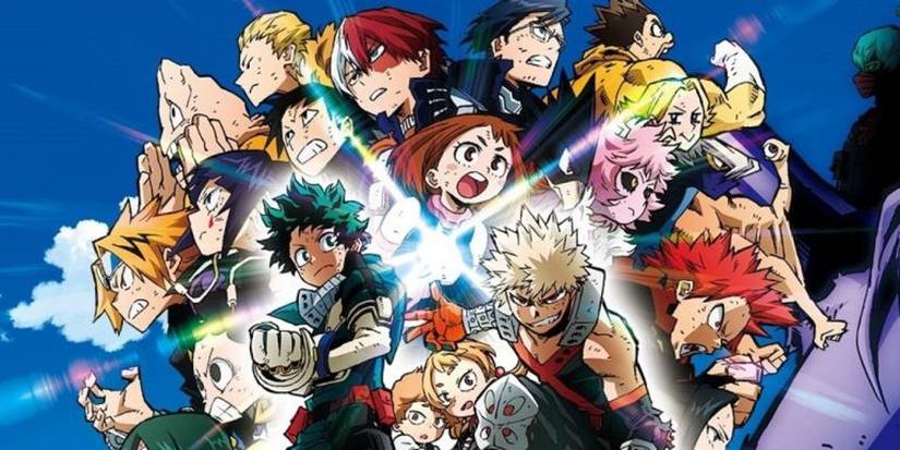 My Hero Academia Cast in a full-color promotional visual from studio BONES, with Deku and Bakugo positioned in the center.