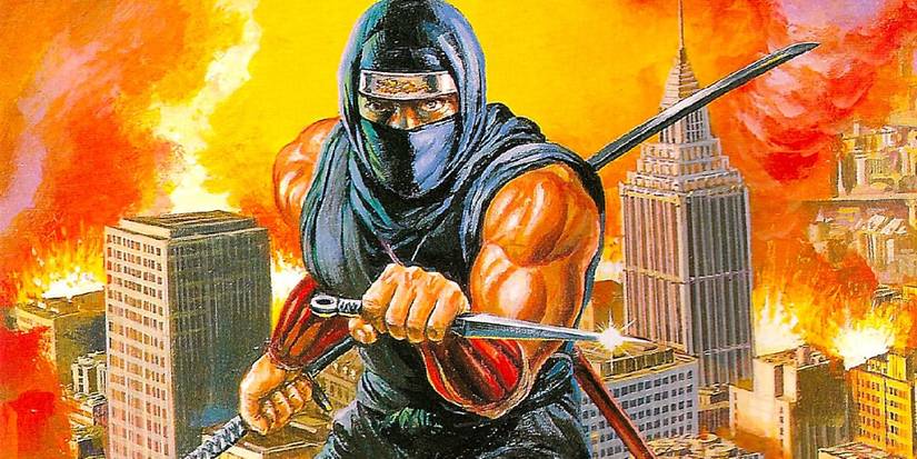 Ryu Hayabusa rises from a flaming city in Ninja Gaiden.