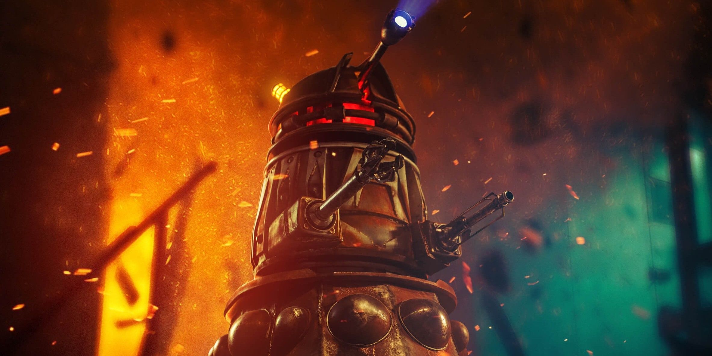 Reconnaissance Dalek seeking amongst fire and exploding debris