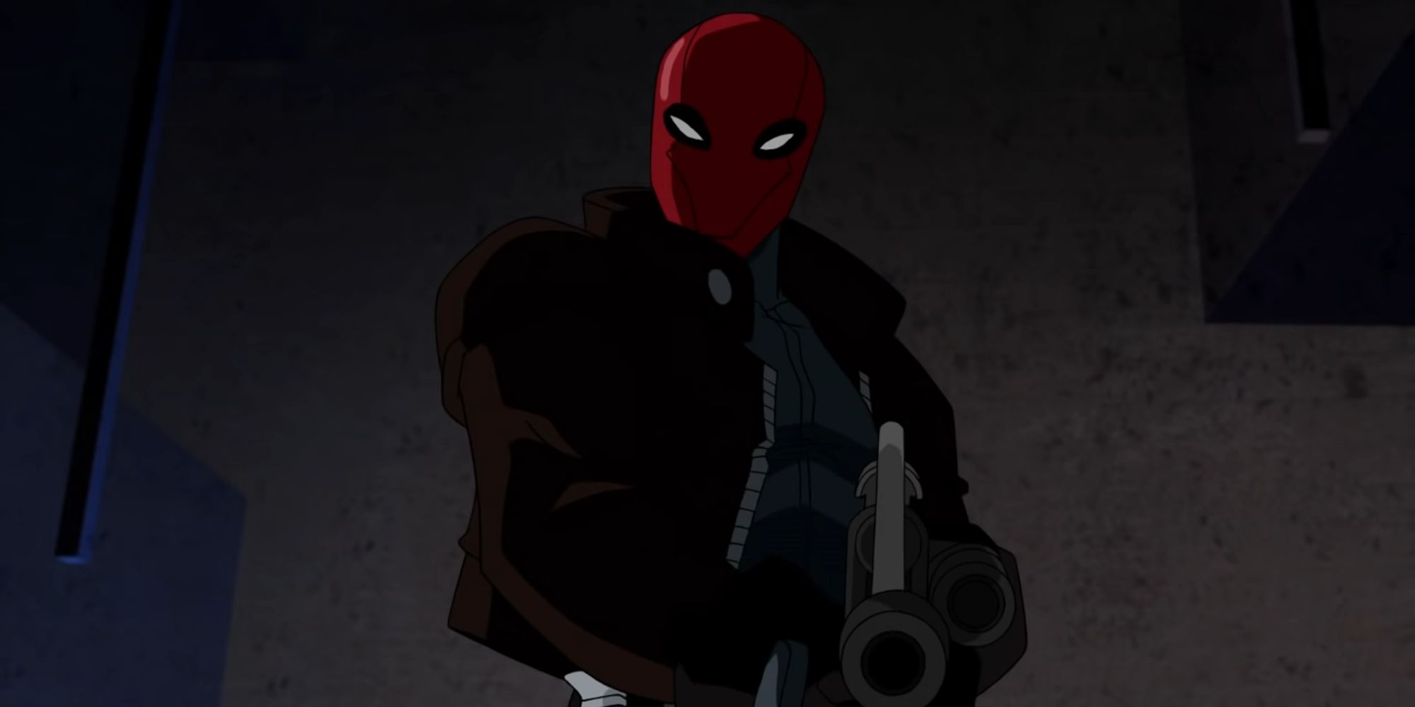 Red Hood aiming his assault rifle at Gothams crimelords in Batman Under The Red Hood