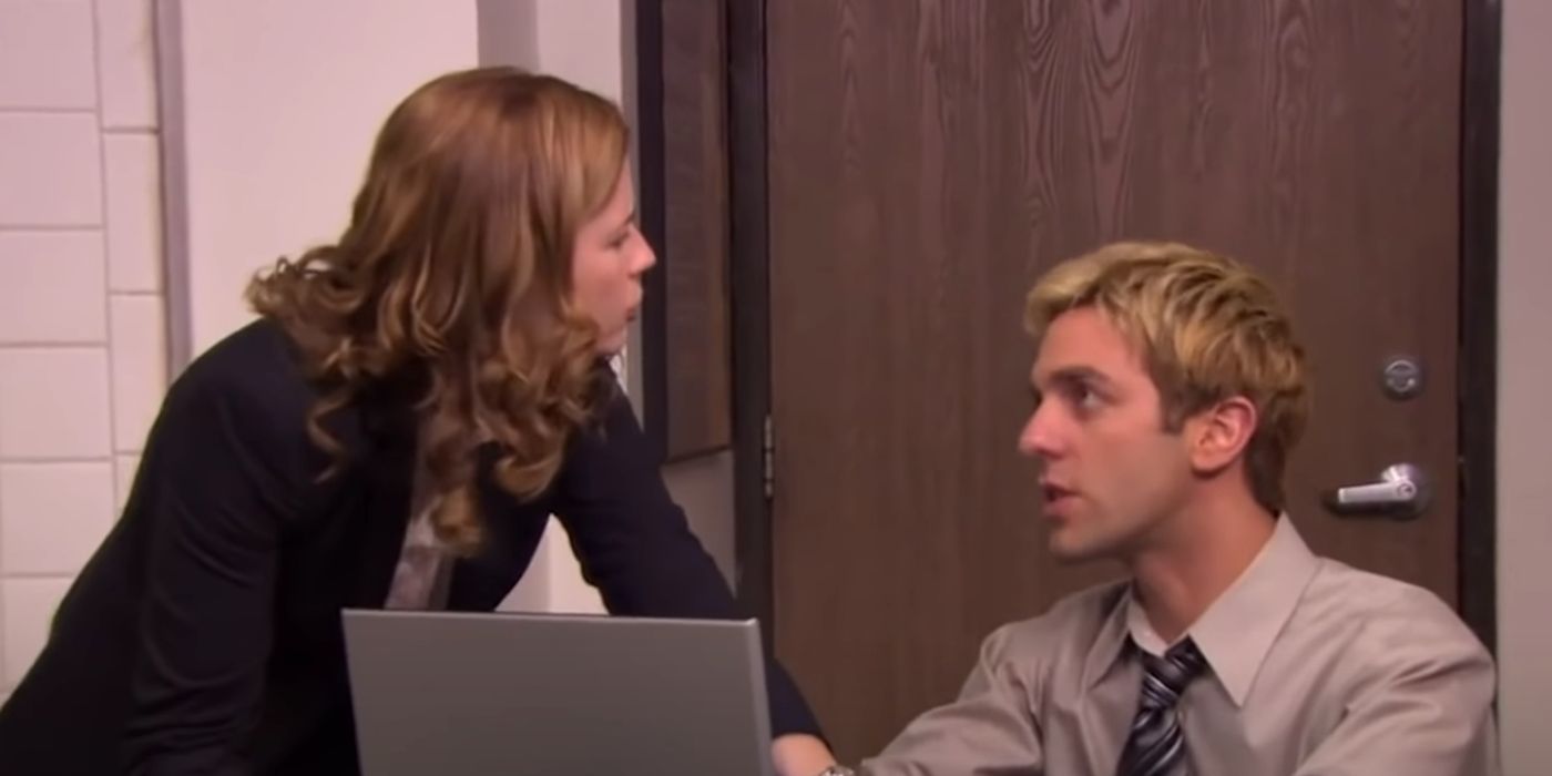 Ryan and Pam argue over a laptop in The Office