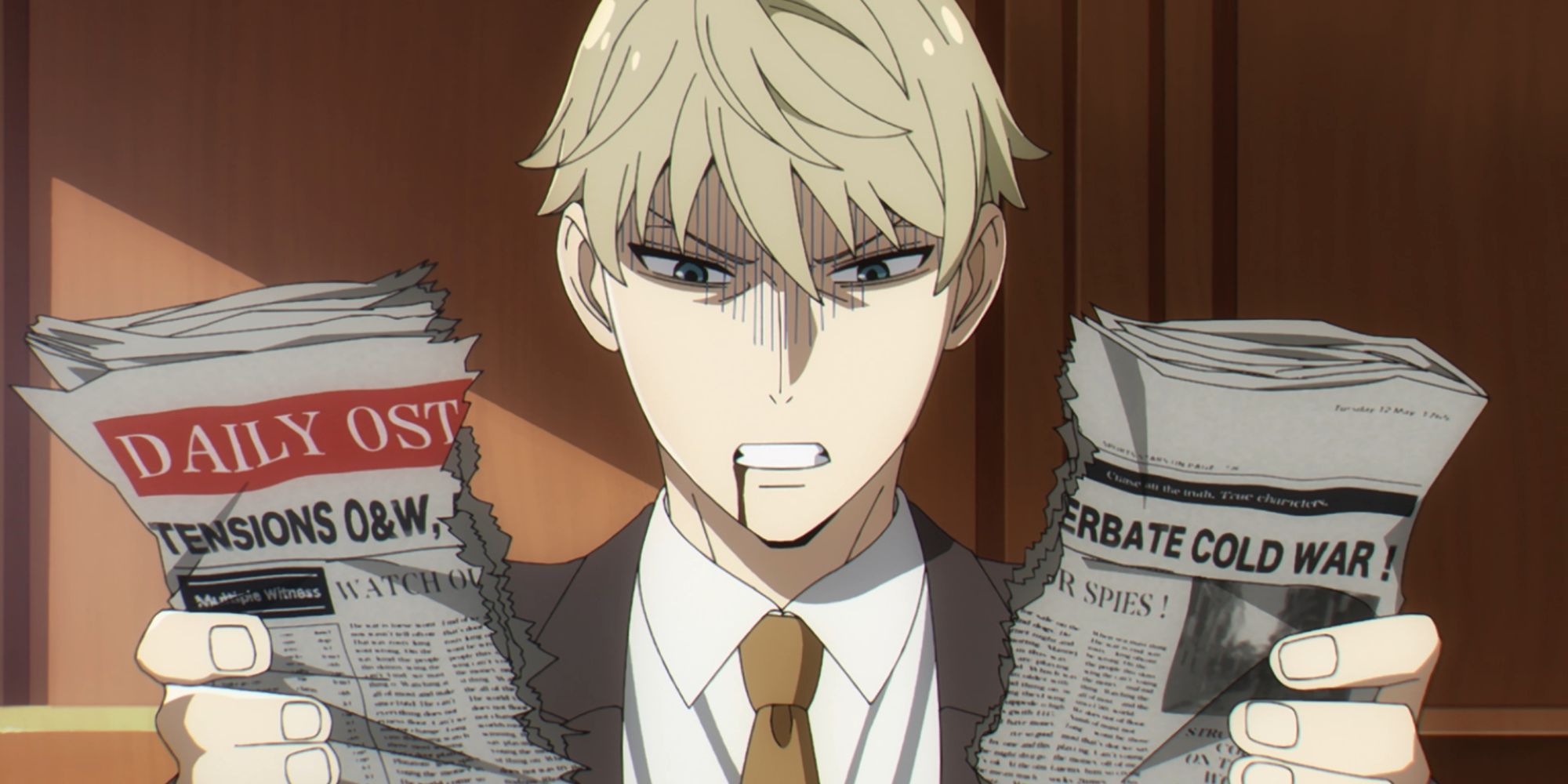 Lloyd angrily tears up a newspaper in Spy x Family