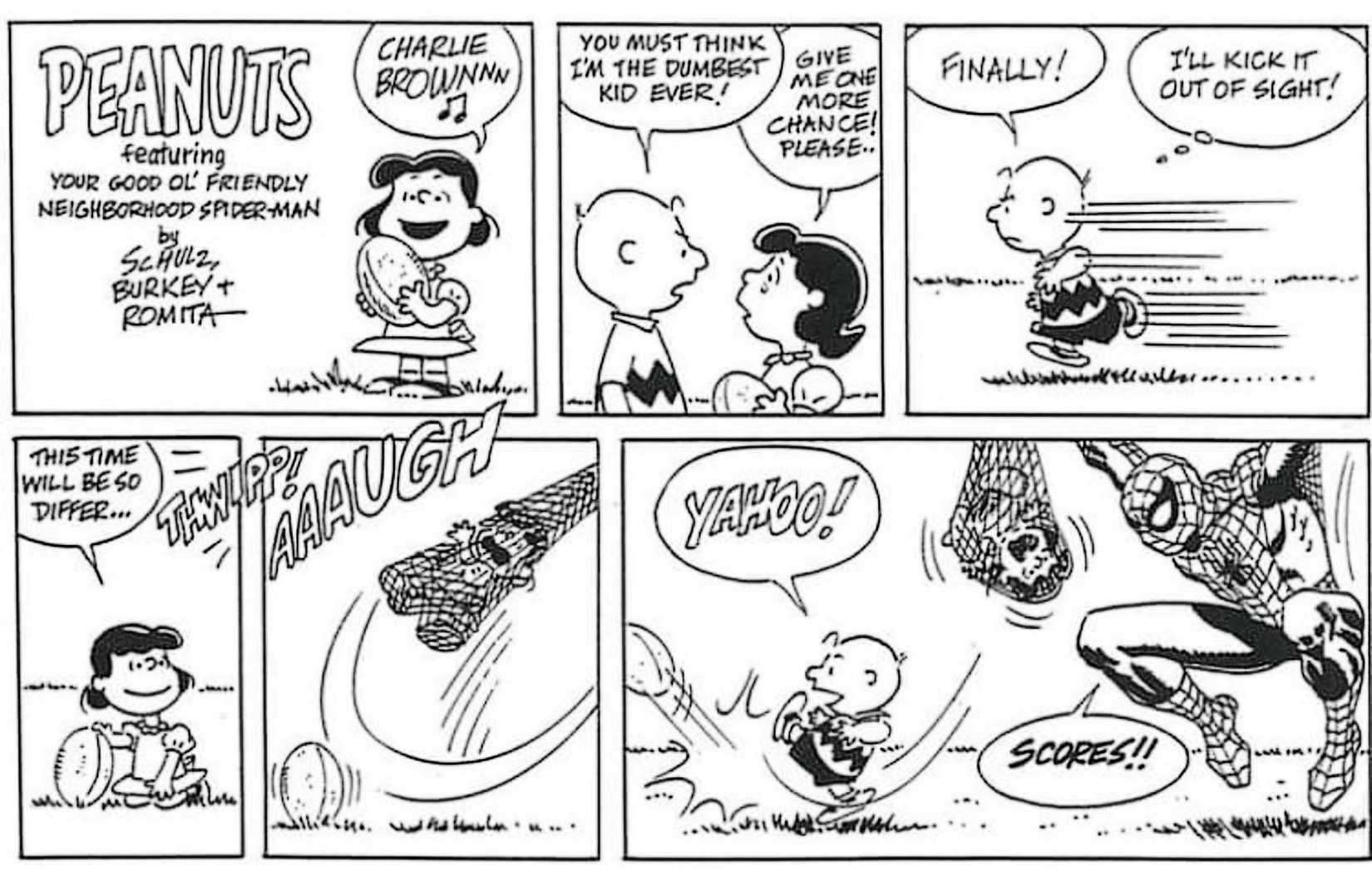Spider-Man saves Charlie Brown from Lucy.