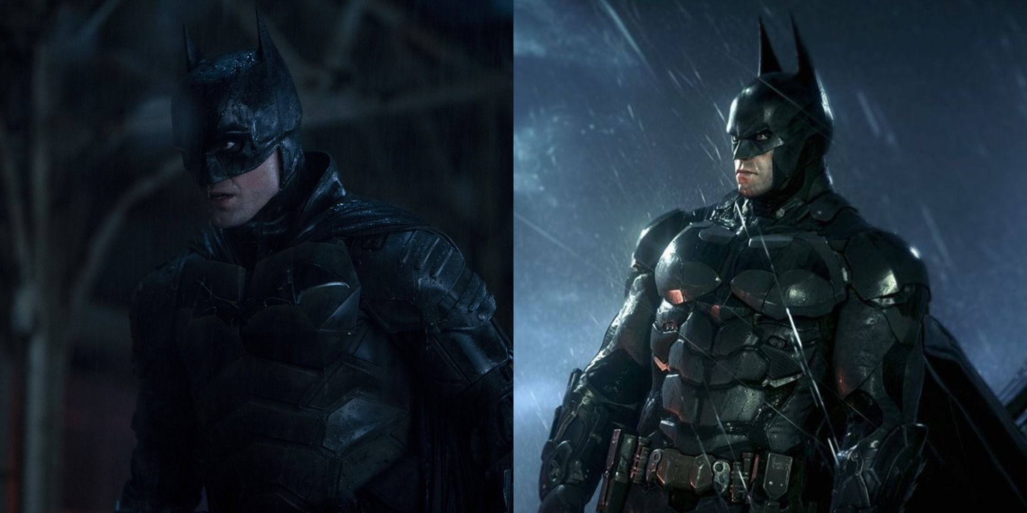 Split image of Batman in the rain in The Batman 2022 and Batman Arkham Knight