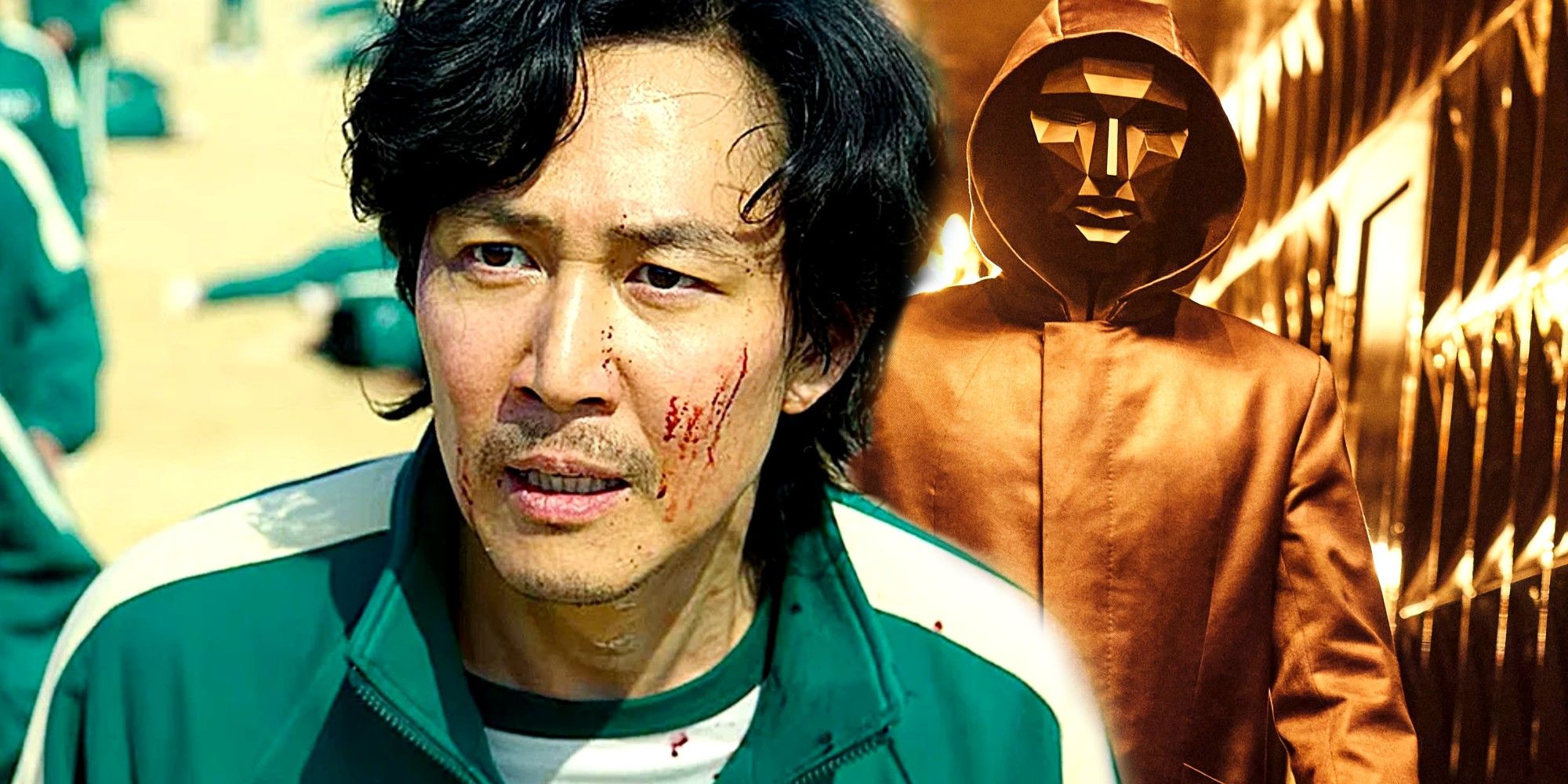 A composite image of Lee Jung-jae as Seong Gi-hun and Lee Byung-hun as the Front Man in Squid Game season 1