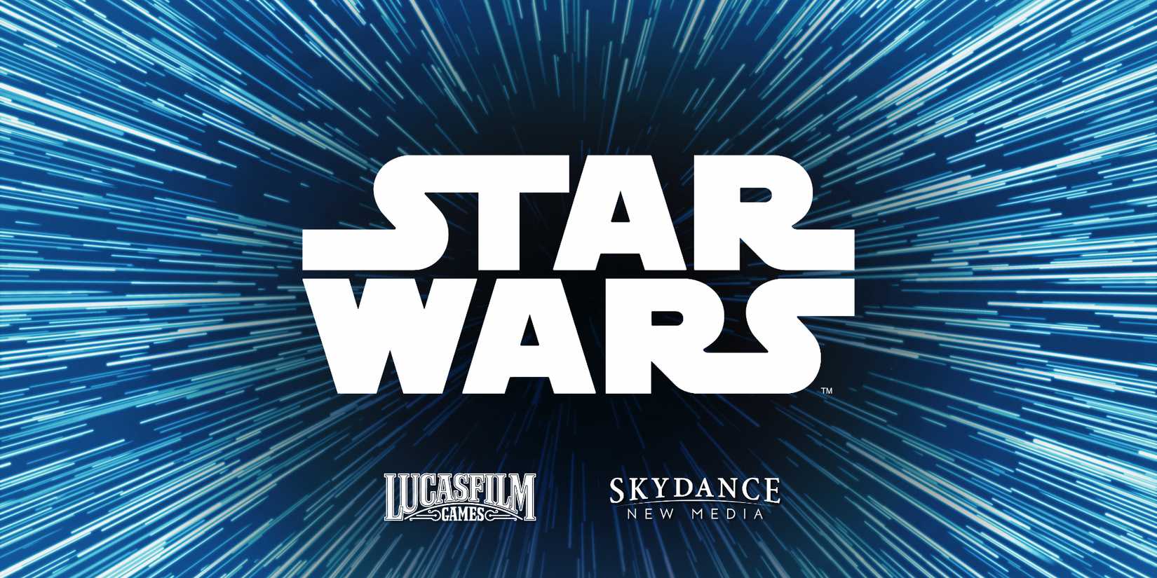 Image of the Star Wars logo in the middle of the Star Wars hyperdrive effect with Lucasfilm and Skydance logos beneath.