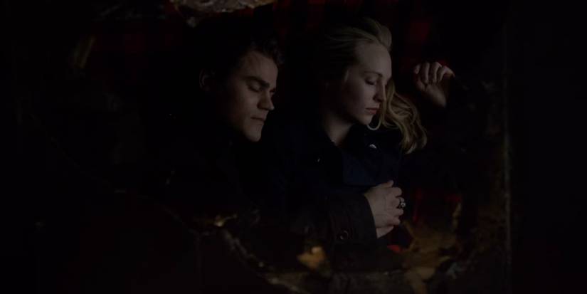 Stefan and Caroline fall asleep together in The Vampire Diaries.