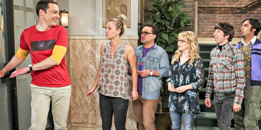 The gang following Sheldon in The Big Bang Theory Cropped 1