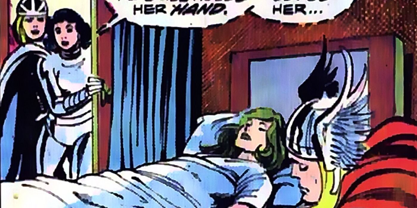 Thor watches over an ill Jane Foster in Marvel Comics.