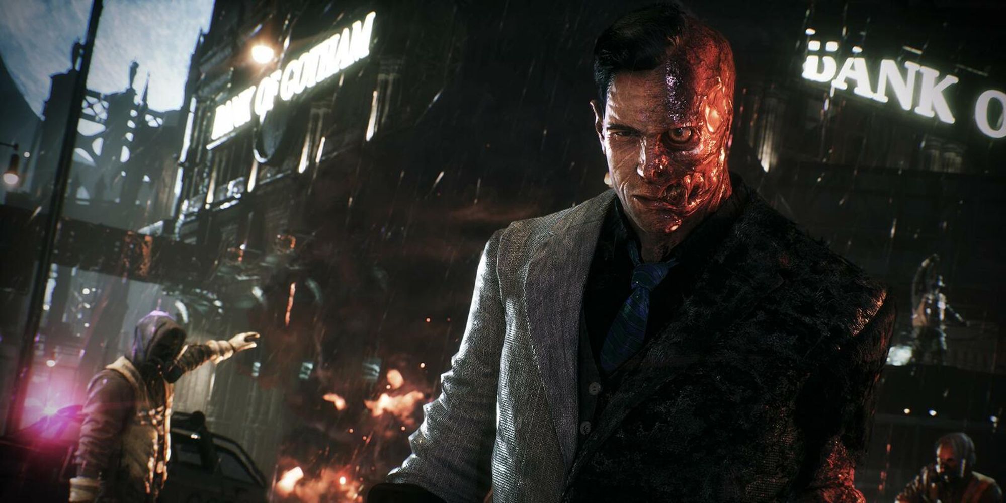 Two Face and his thugs in front of the Bank Of Gotham in Batman Arkham Knight