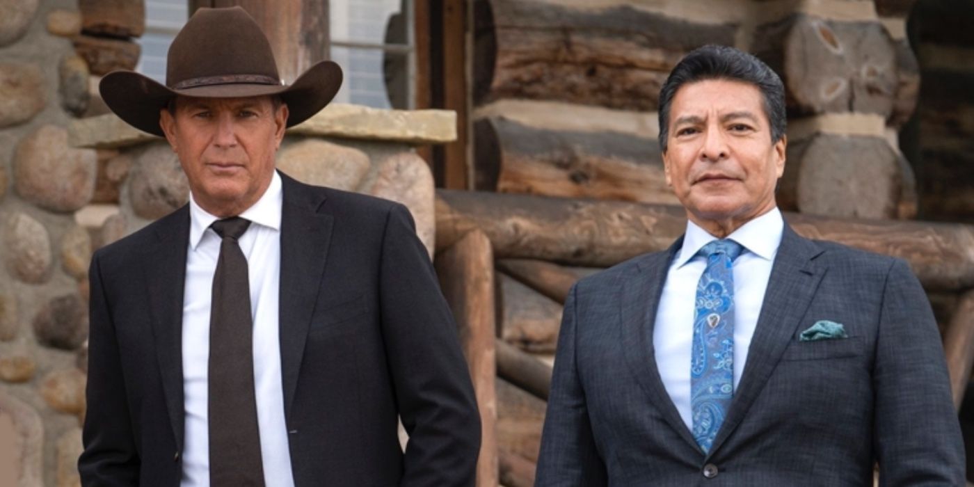 John Dutton and Thomas Rainwater stand together in front of the ranch house on Yellowstone