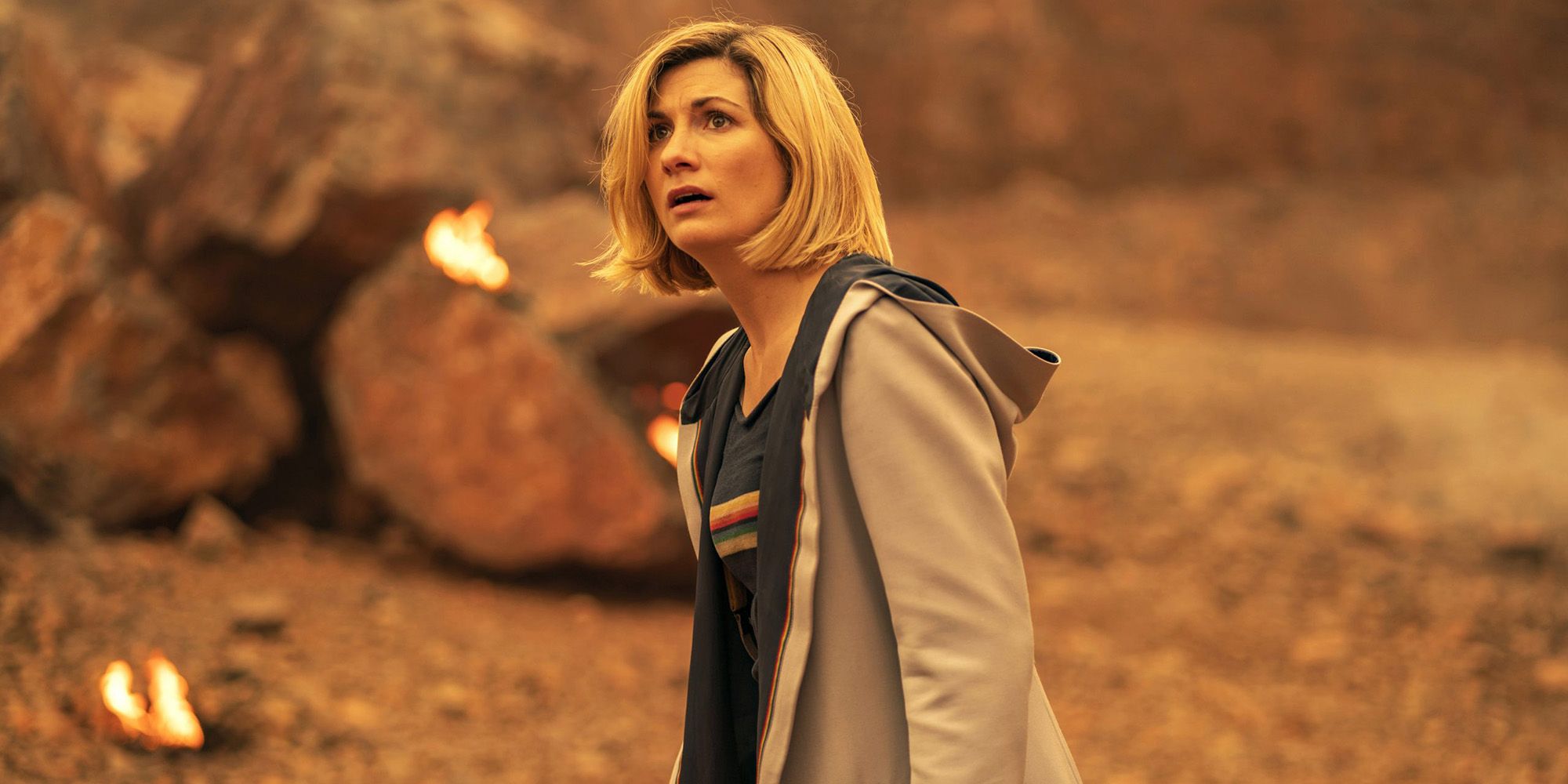 Jodie Whittaker looking scared as the Thirteenth Doctor in Doctor Who.
