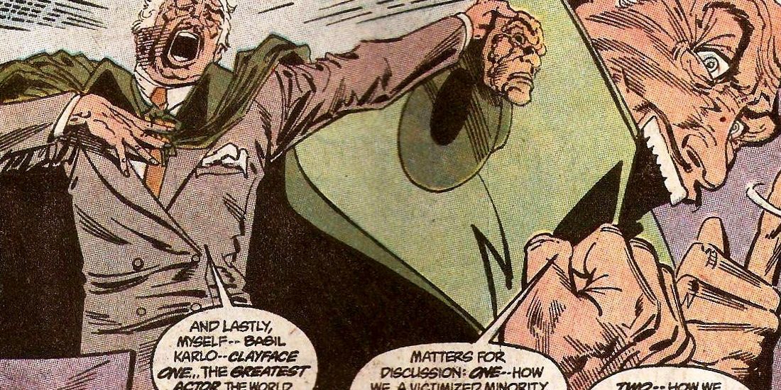 A Batman comic panel showing Clayface screaming and smiling Cropped