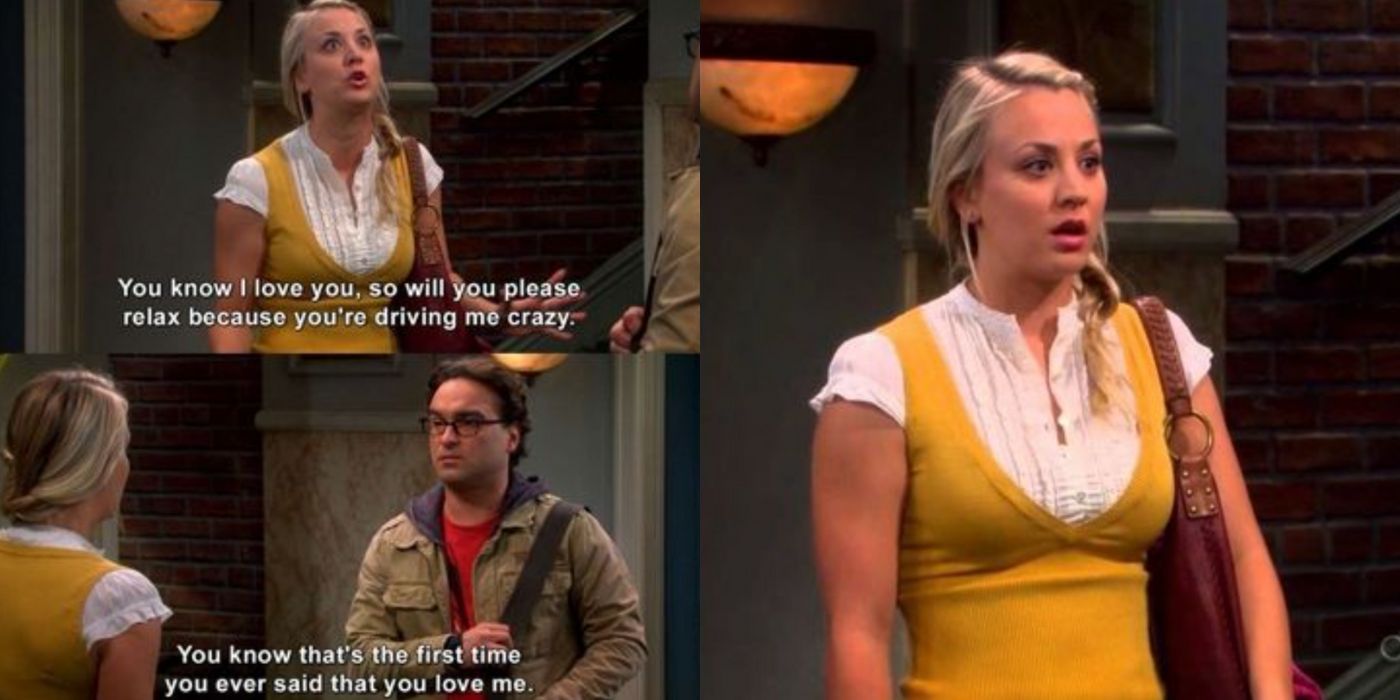 A Split image of Penny saying I love you to Leonard on TBBT