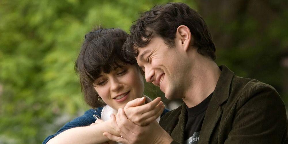 A split image of Tom and Summer laughing together in 500 Days of Summer
