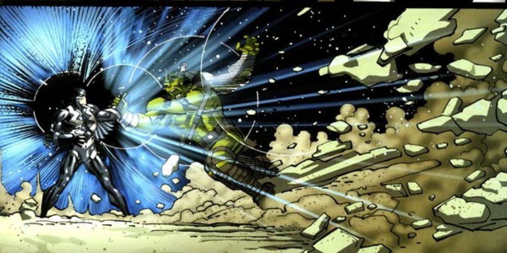 An image of Black Bolt and the Hulk fighting in the Marvel comics