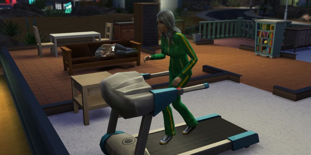 An image of a sim running on a treadmill in The Sims