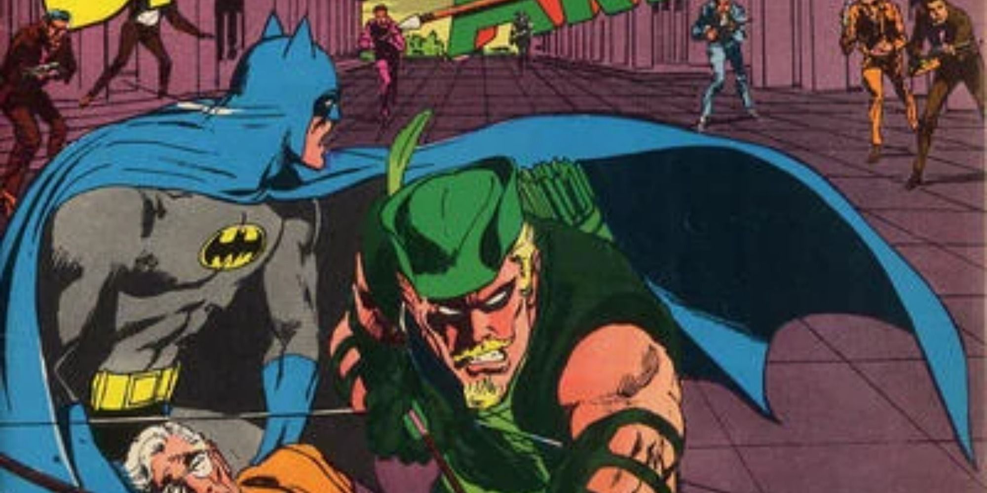 Batman and Green Arrow fight villains in DC Comics.