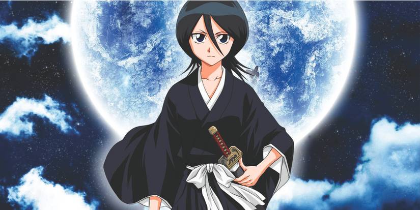 Rukia with the moon behind her in Bleach.