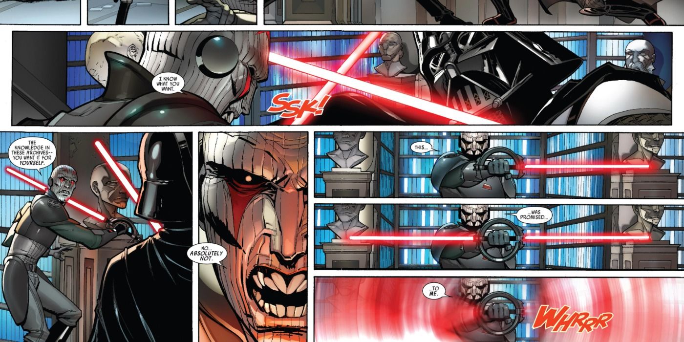 Darth Vader battles the Grand Inquisitor in the Jedi Archives in the Darth Vader comic
