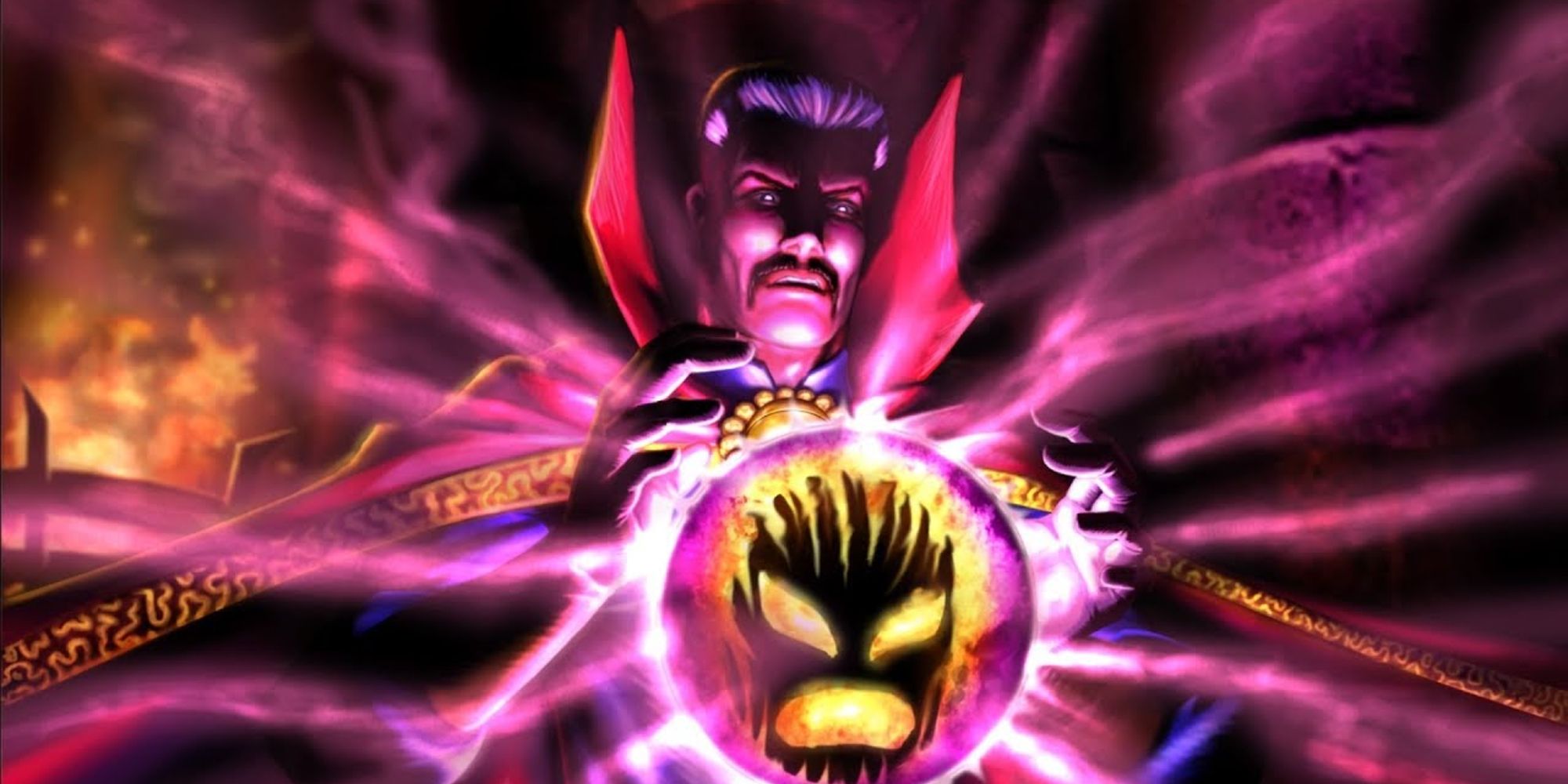 Doctor Strange gazing into a crystal bomb containing Dormammu in Ultimate Alliance