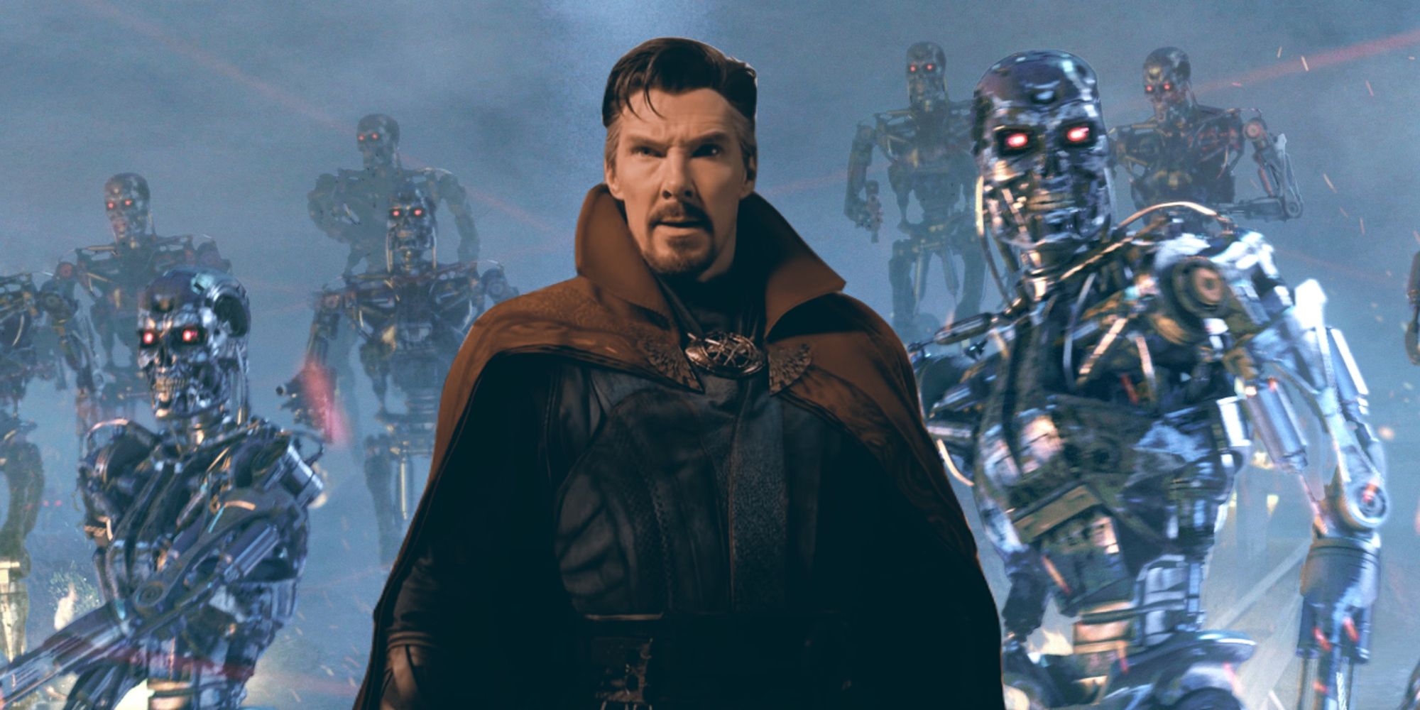 Doctor Strange in front of an army of T 800s