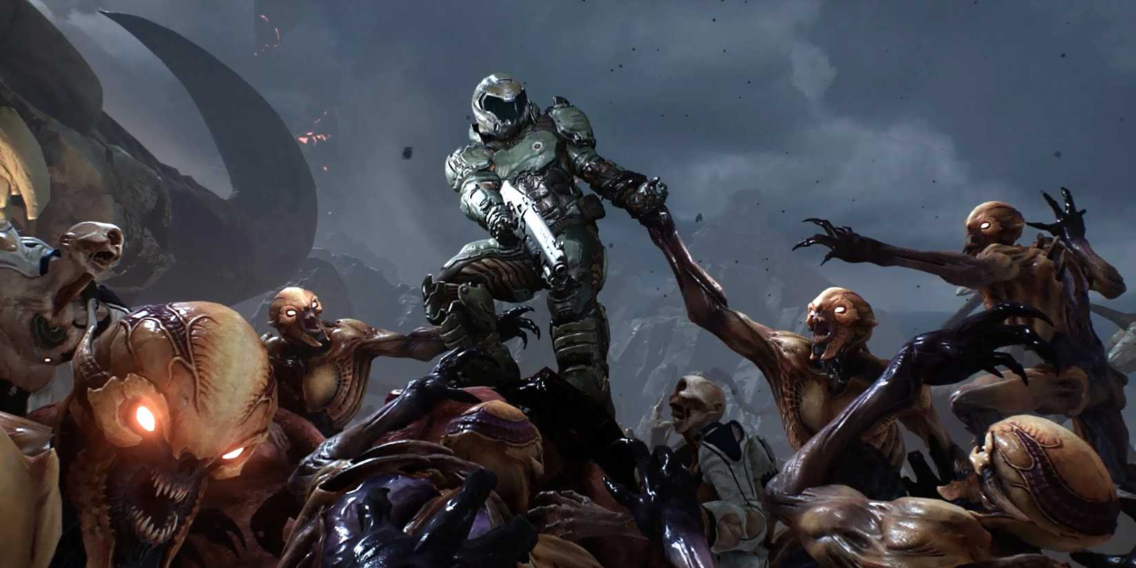 Doom Slayer Surrounded By Imps In Doom 2016.