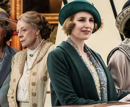 Композитное изображение, на котором Эдит и леди Мэри улыбаются, глядя на океан, а Виолет и Изобель выглядят шокированными в фильме «Динтонский аббат: Новая эра»