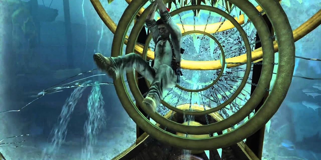 Drake crashes through a glass in Uncharted 3 Drakes Deception Cropped