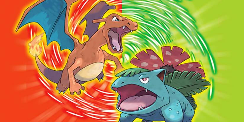 Pokemon FireRed Charizard на красном фоне слева и LeafGreen Venusaur на зеленом фоне справа.