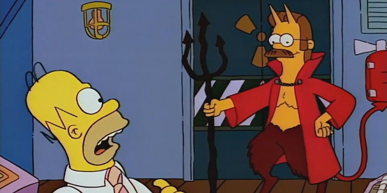 Homer is confronted by Devil Flanders in The Simpsons