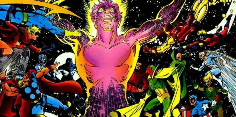 All of the Avengers fighting a giant pink Korvac.