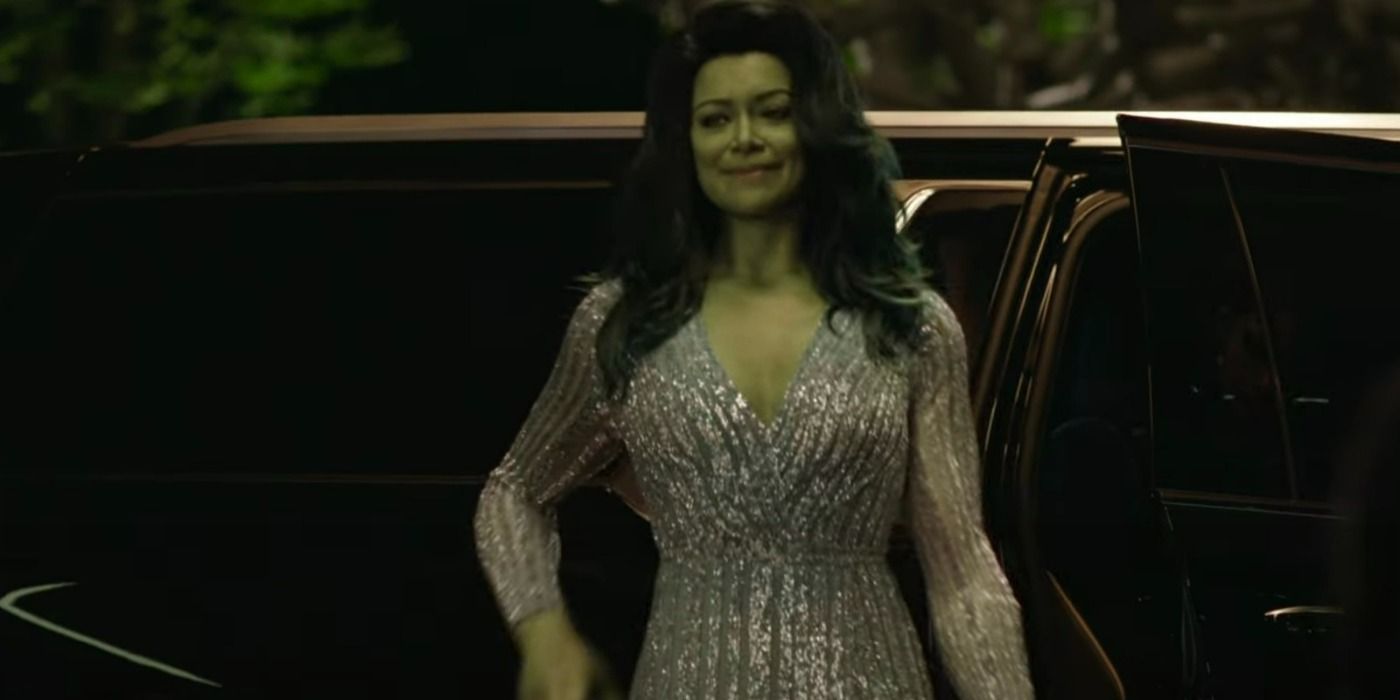 She Hulk dressed for a party in She Hulk trailer