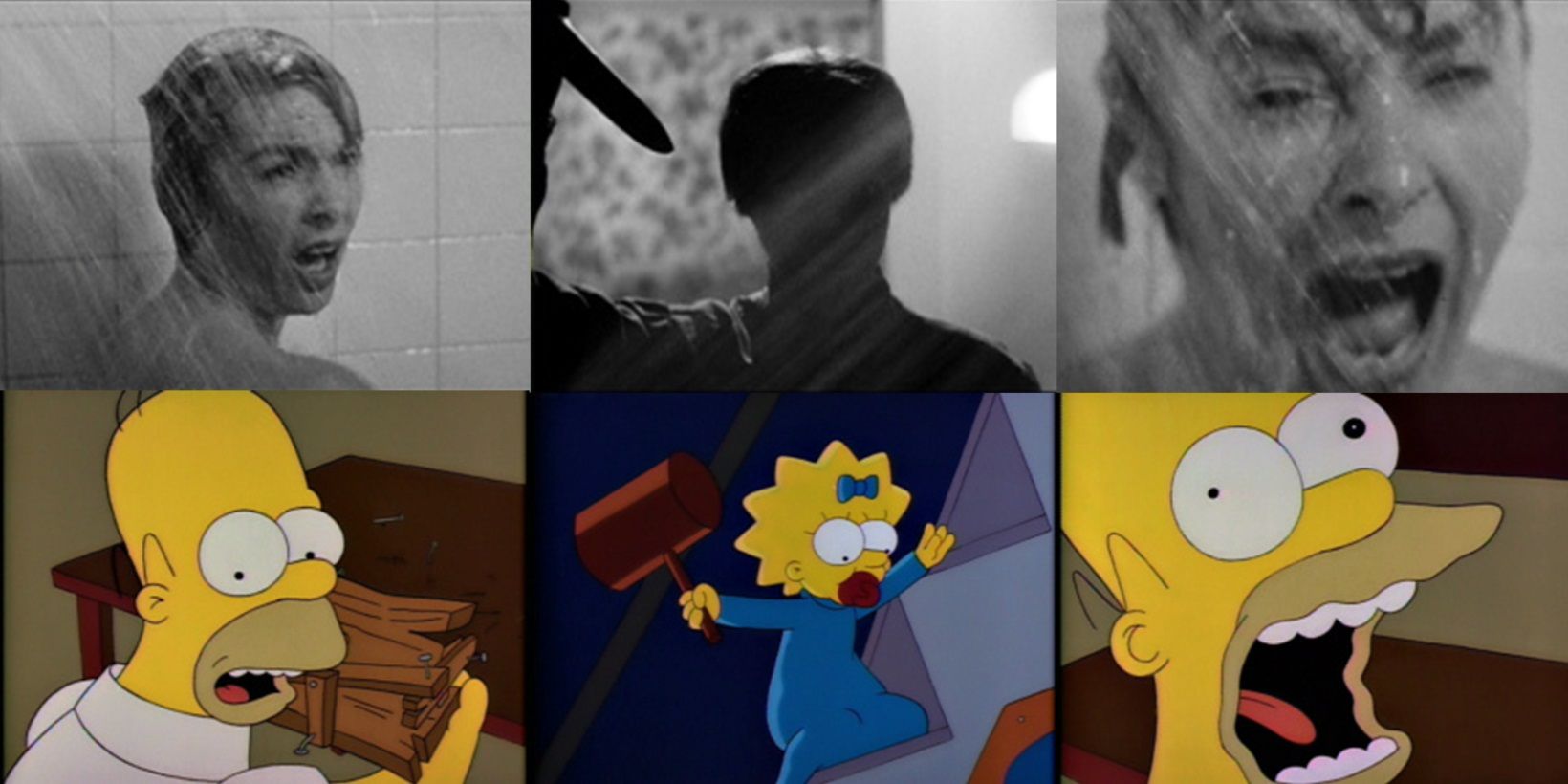 Side by side comparison of the shower murder parody in The Simpsons and Psycho