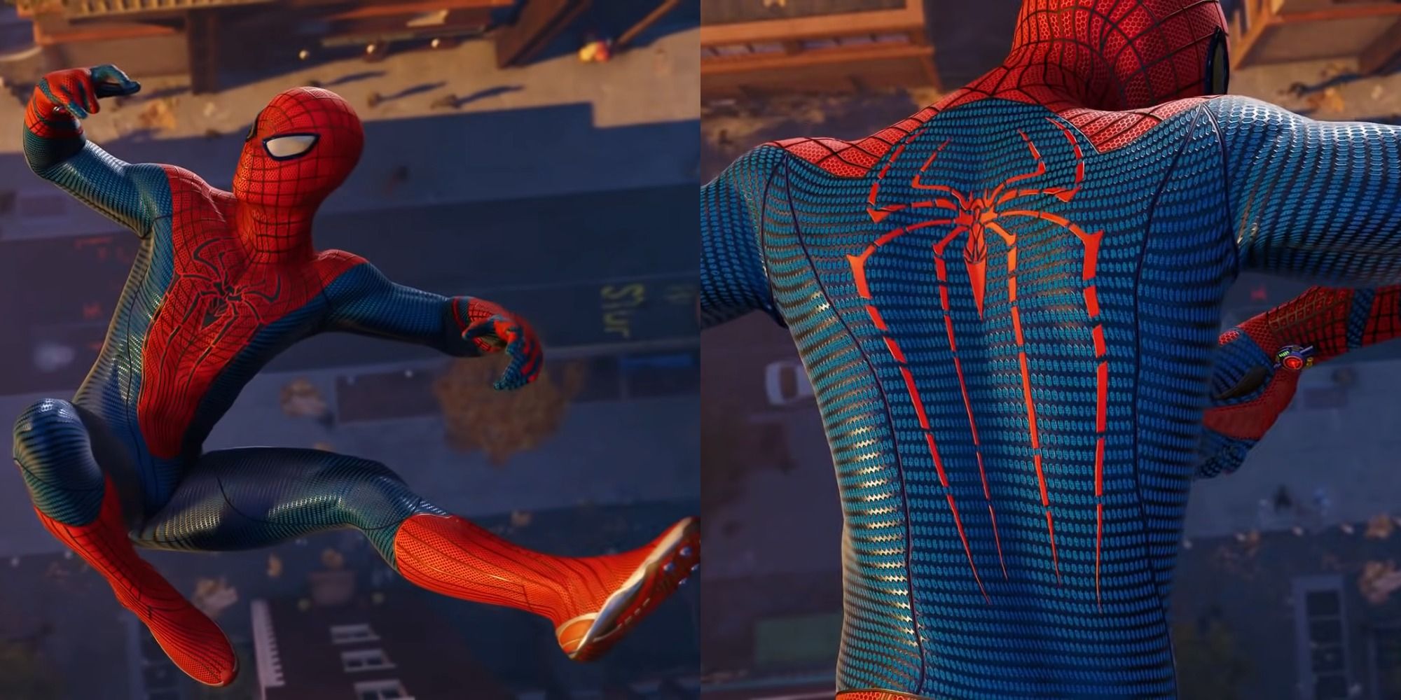 Split image of Spider Man swinging through the city in The Amazing Spider Man suit in Marvels Spider Man
