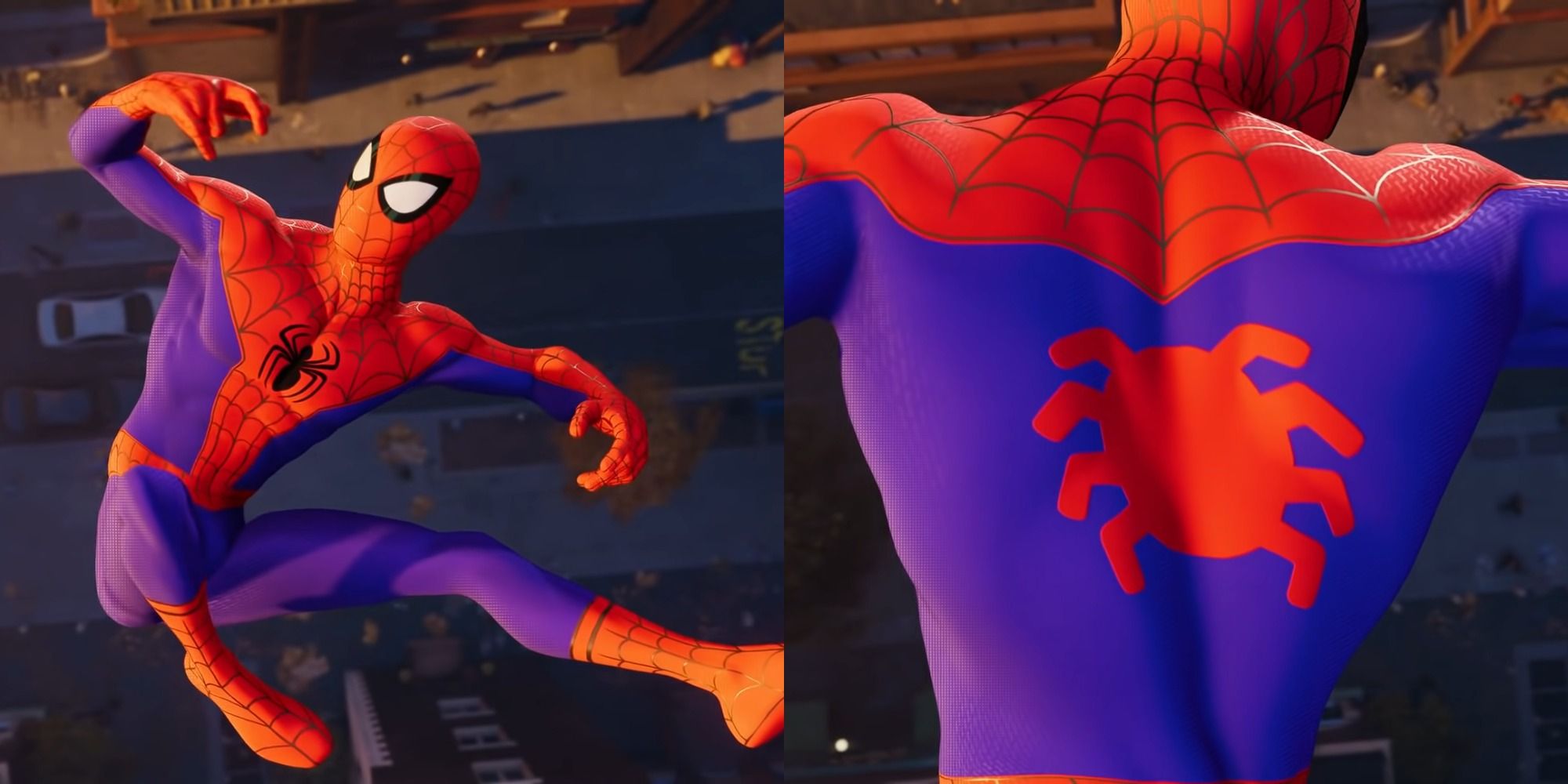 Split image of Spider Man swinging through the city in the Into The Spider Verse suit in Marvels Spider Man