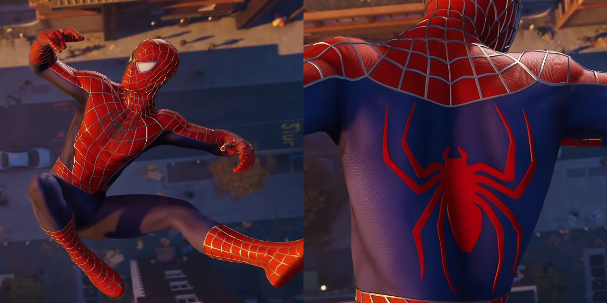 Split image of Spider Man swinging through the city in the Sam Raimi suit in Marvels Spider Man