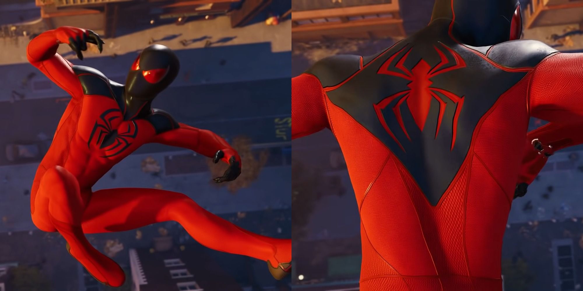 Split image of Spider Man swinging through the city in the Scarlet Spider II suit in Marvels Spider Man