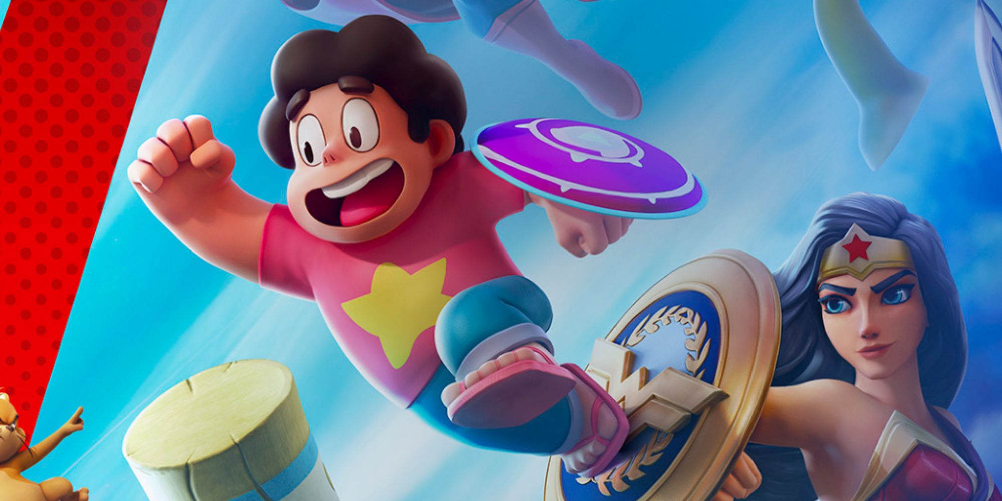 Steven Universe leaping off Wonder Womans shield in the official banner for MultiVersus