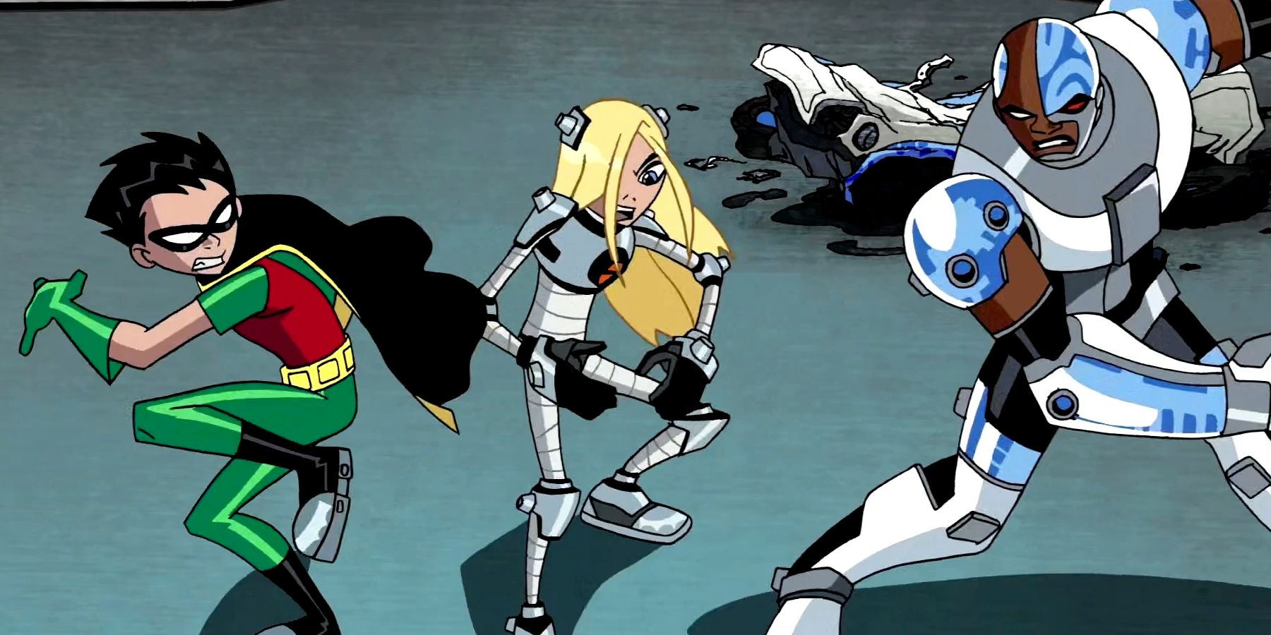 Terra fights Robin and Cyborg in Teen Titans