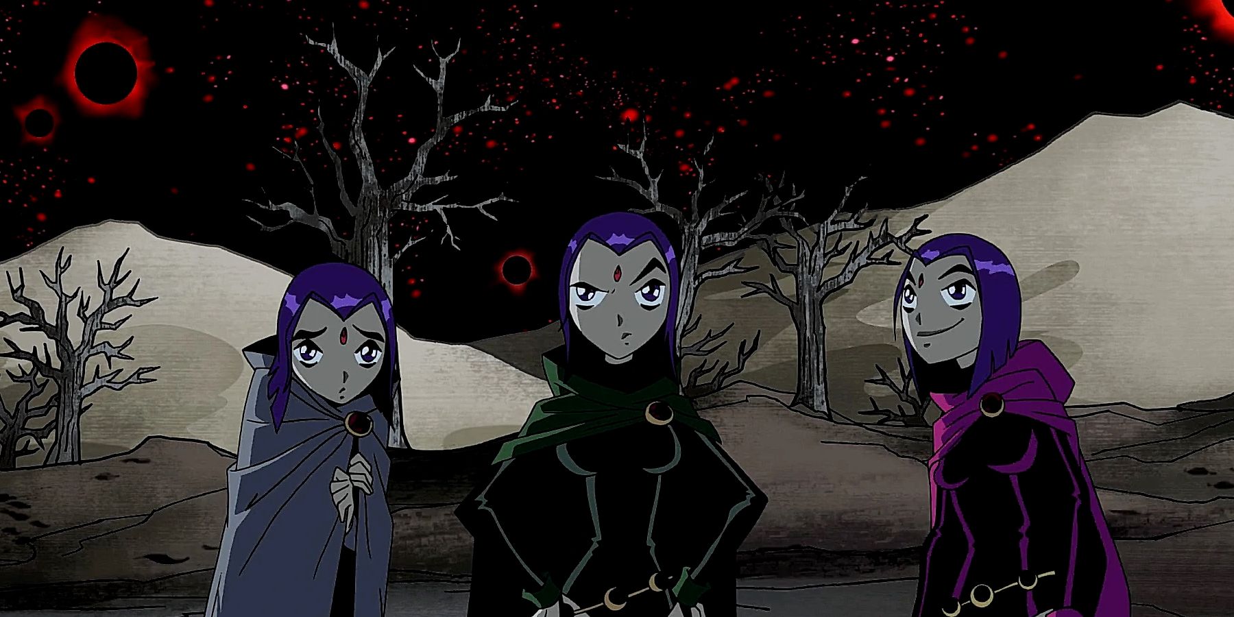 Three different colored ravens in Teen Titans