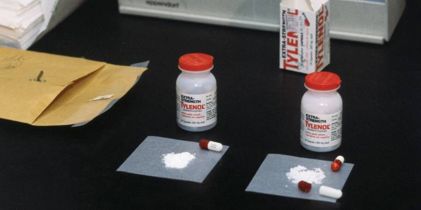 Tainted Tylenol capsules, laced with cyanide, lay at right beside the pure capsules, in the medical examiner's office in Cook County, Illinois.