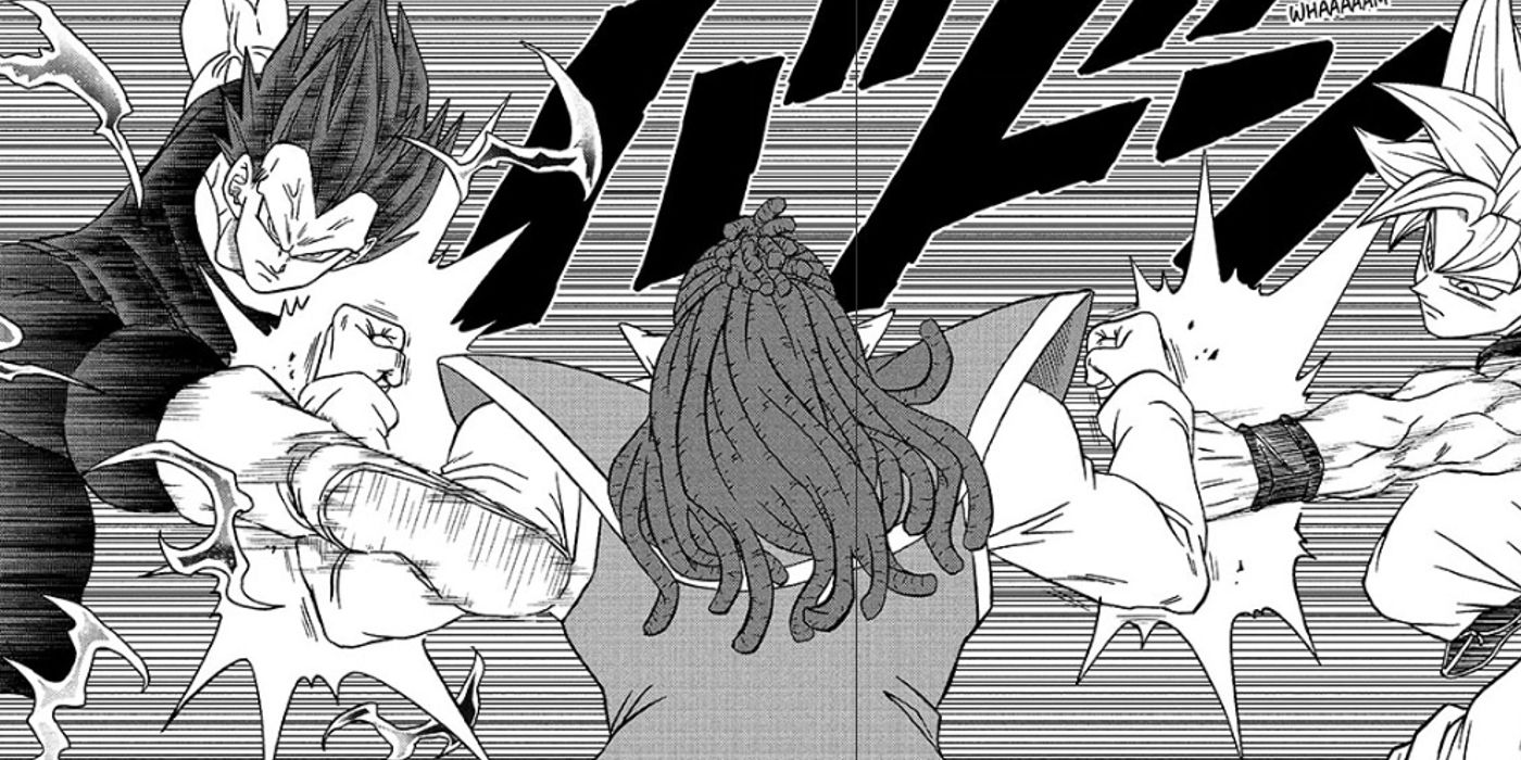 Ultra Ego Vegeta et Ultra Instinct Goku attaquent Gas dans Dragon Ball Super chapitre 84.